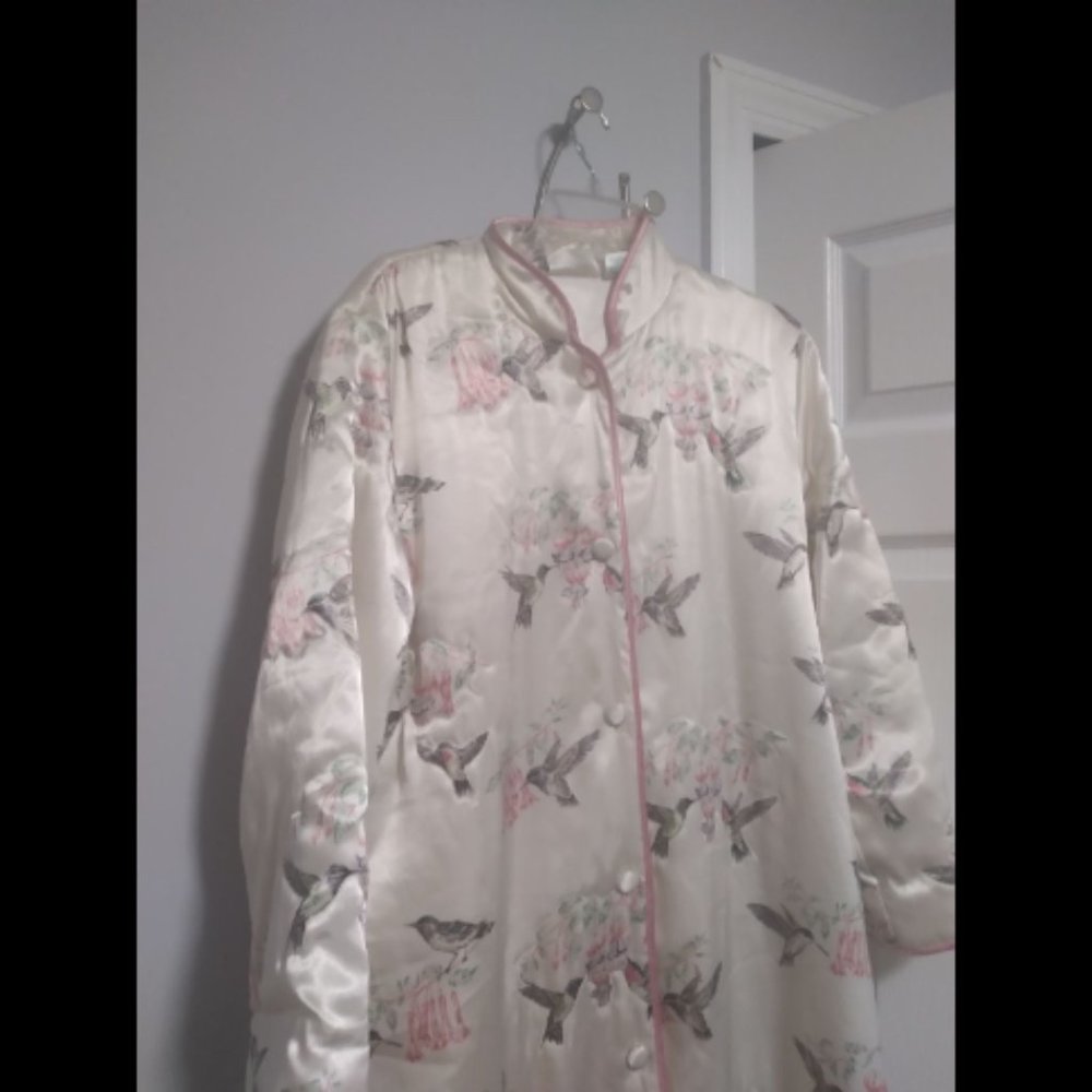 Vintage 1990s Hummingbird Floral Print House Lounge Coat - Picture 4 of 5